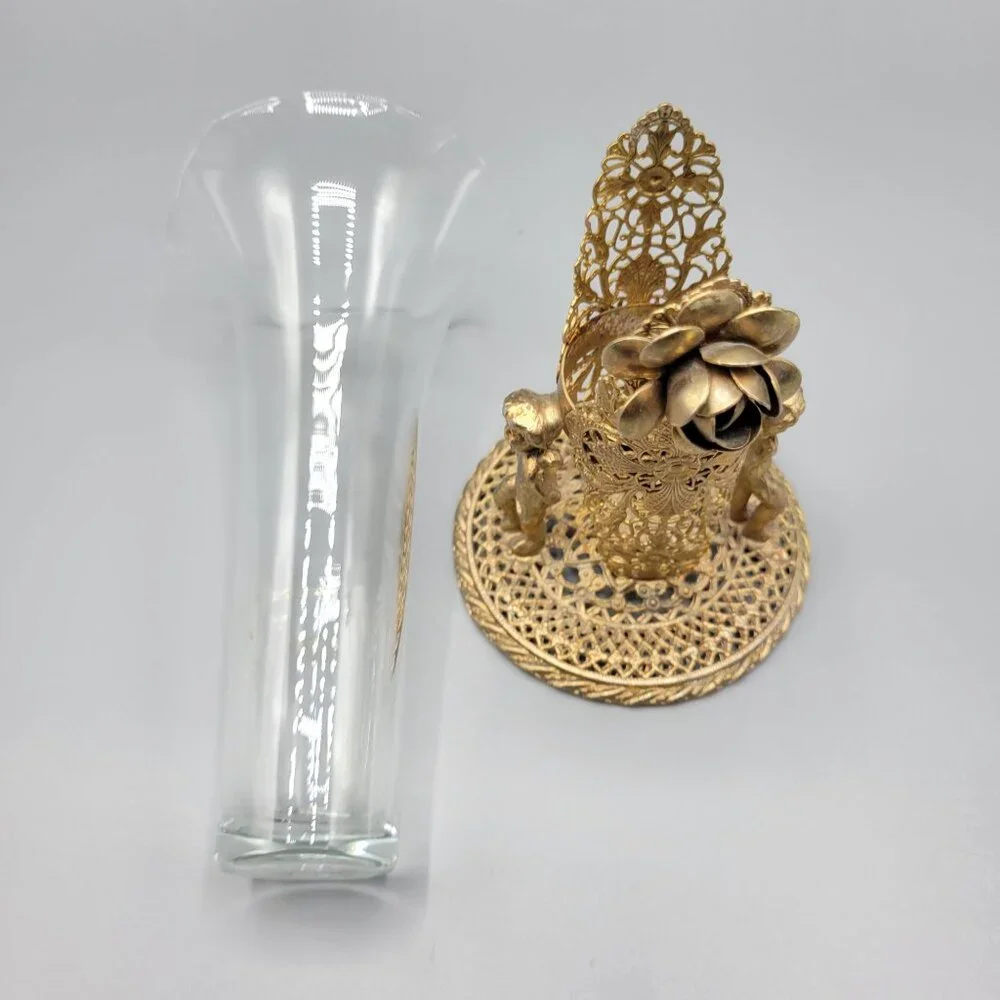 Antique Vintage Gold Brass Filigree Fluted Bud Vases Cherub Figural Design - Picture 14 of 16